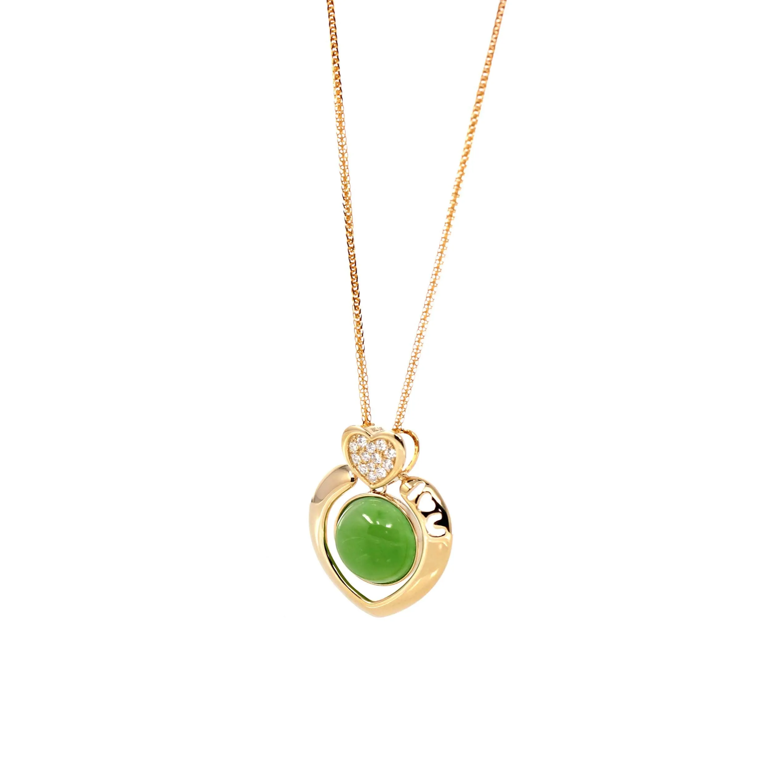 14K Gold Genuine Green Apple Green Jade Love Pendant Necklace With VS1 Diamond