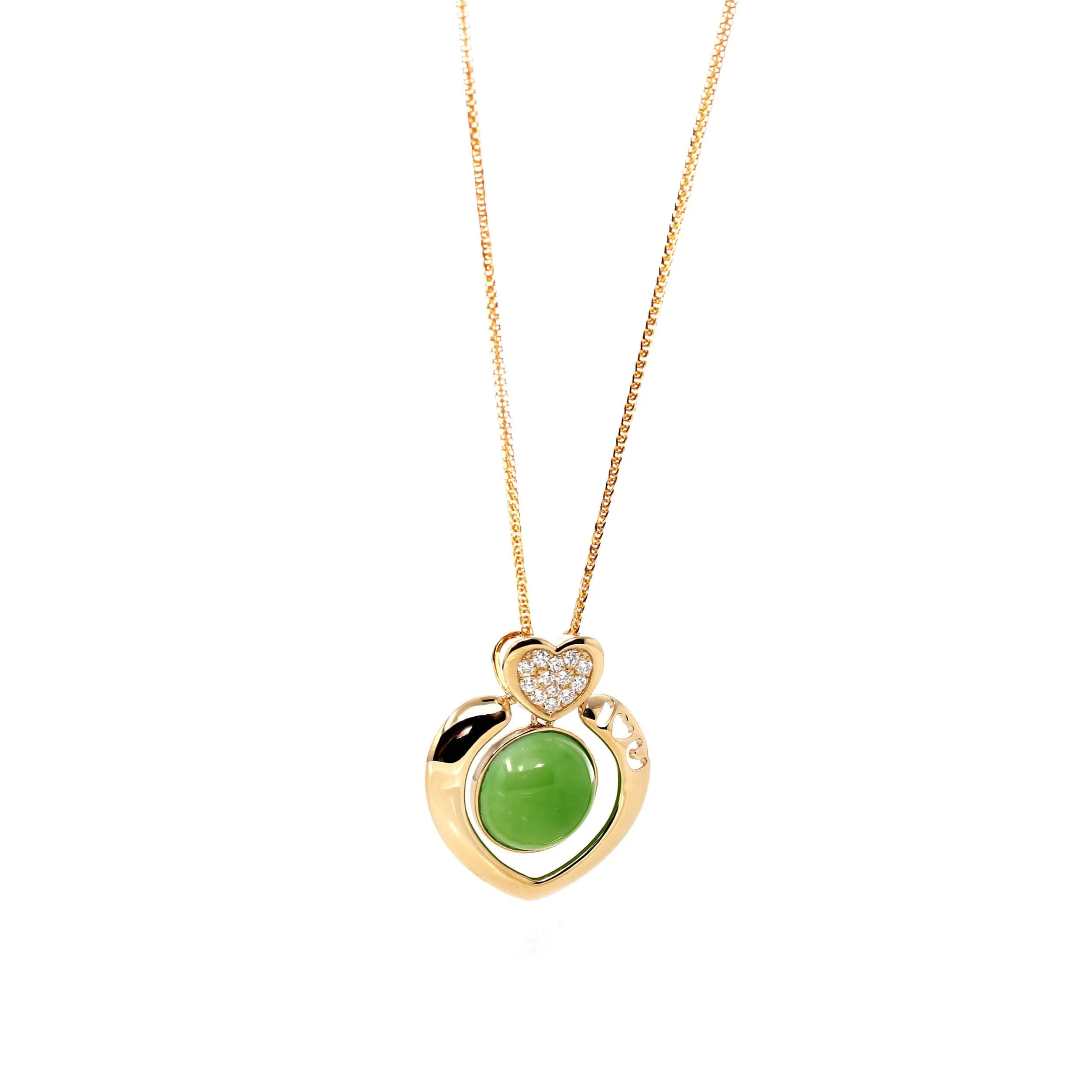 14K Gold Genuine Green Apple Green Jade Love Pendant Necklace With VS1 Diamond