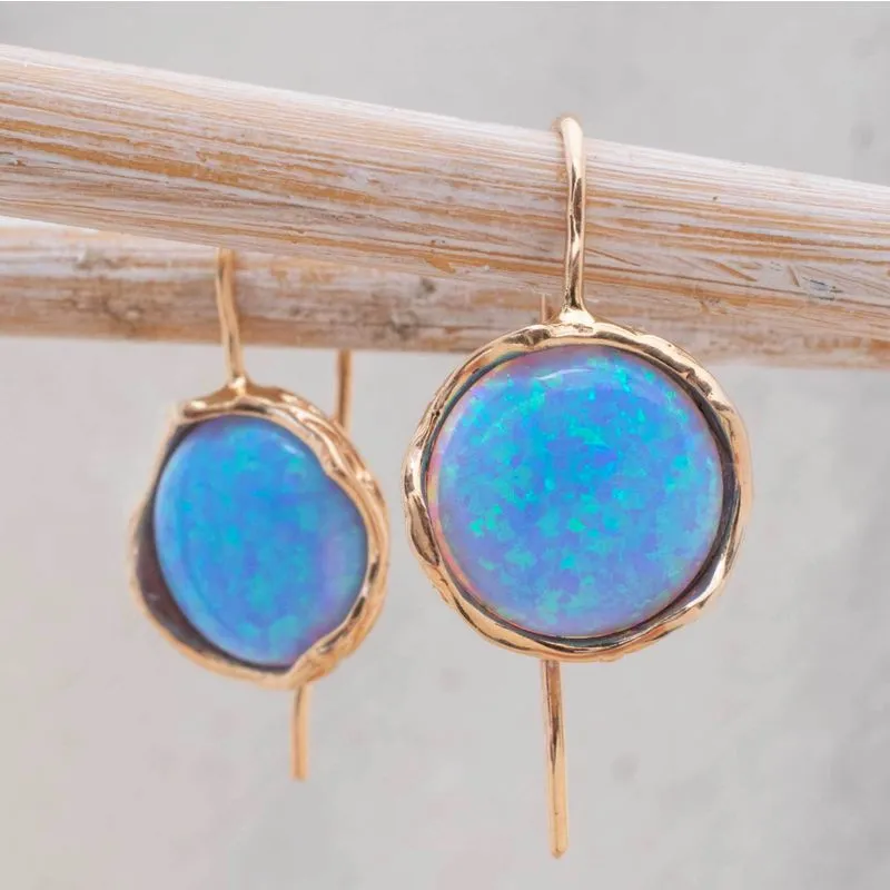 14K Rose Gold Round Blue Opal 12mm Dangle Earrings