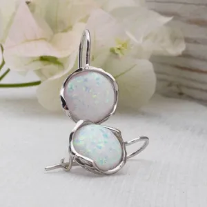 14K White Gold Round White Opal 12mm Dangle Earrings