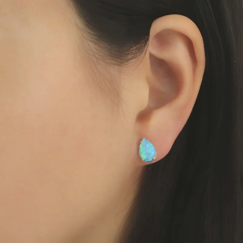 14K Yellow Gold Teardrop Blue Opal 7X10mm Stud Earrings