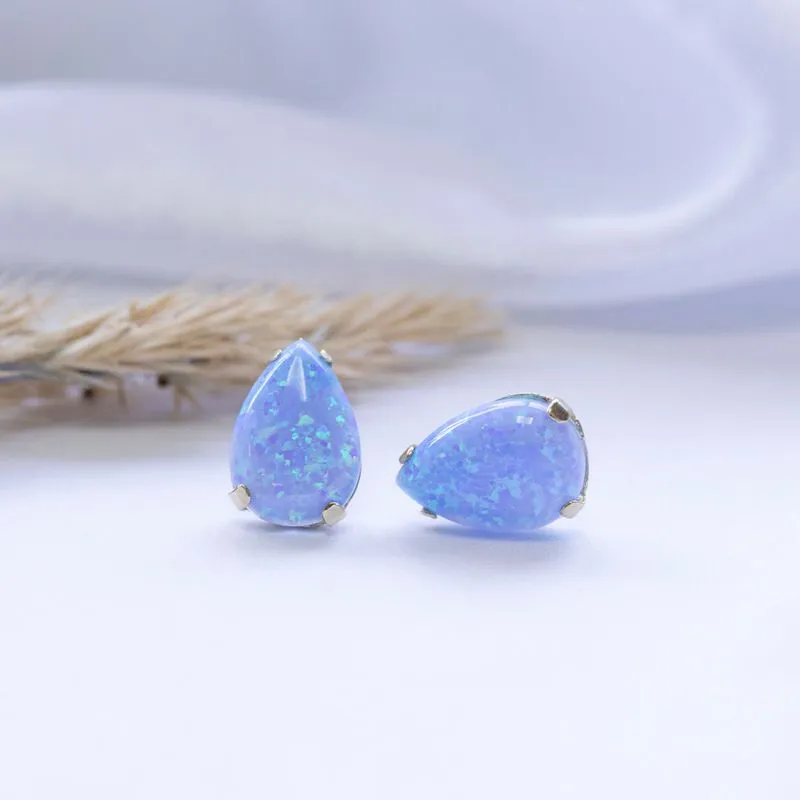 14K Yellow Gold Teardrop Blue Opal 7X10mm Stud Earrings