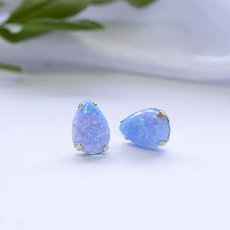 14K Yellow Gold Teardrop Blue Opal 7X10mm Stud Earrings