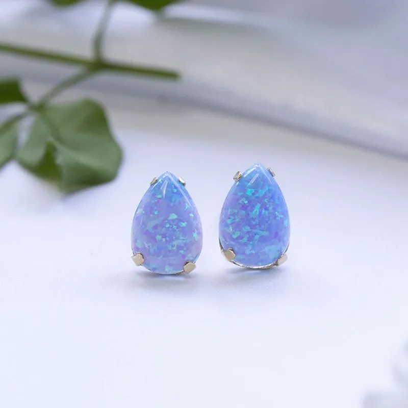 14K Yellow Gold Teardrop Blue Opal 7X10mm Stud Earrings