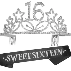 16th Birthday Gifts for girl, 16th Birthday Tiara and Sash Silver, HAPPY 16th Birthday