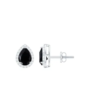 1.75 CT Pear Cut Created Black Diamond Halo Stud Earrings with White Diamond