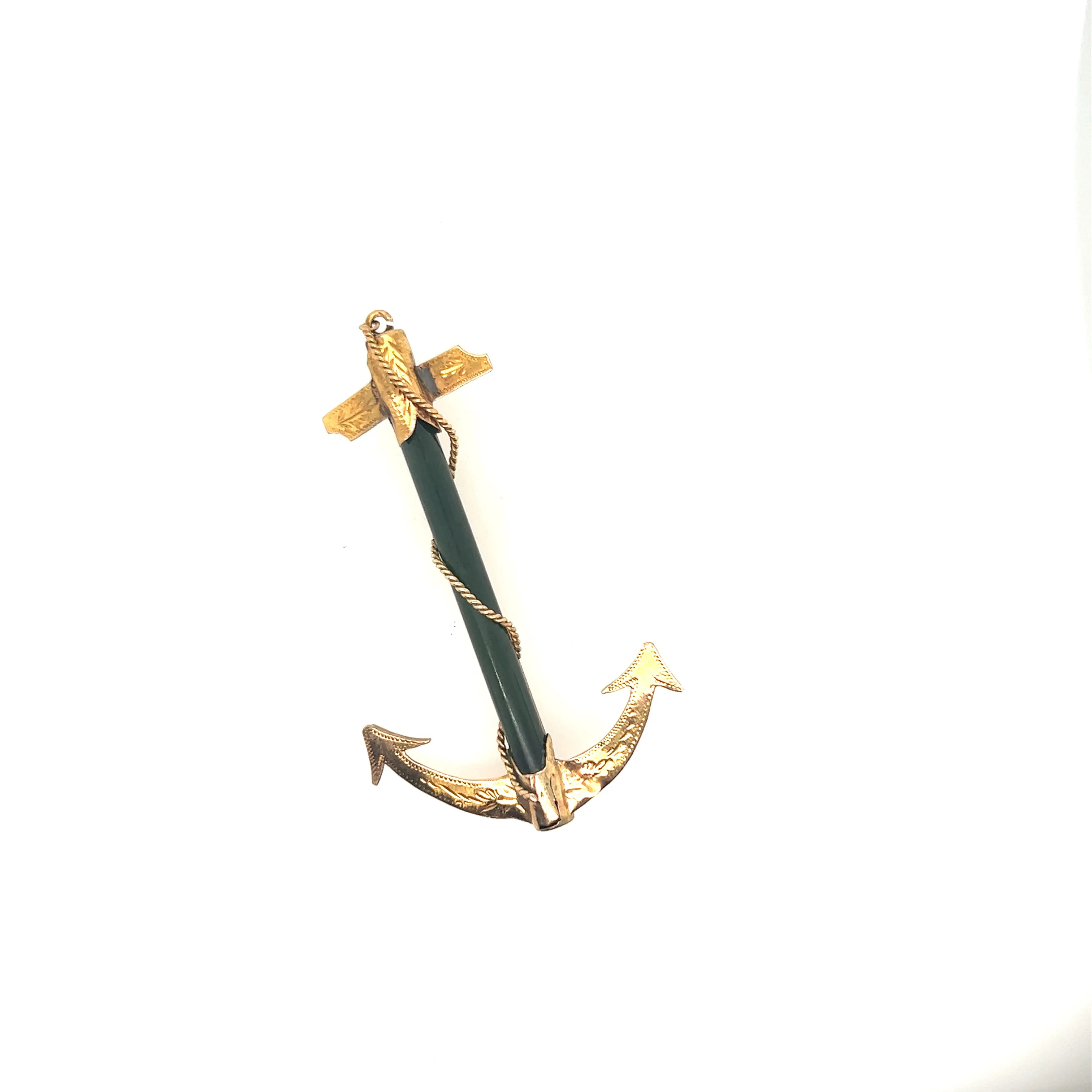 18ct Yellow Gold Jade Engraved Anchor Brooch