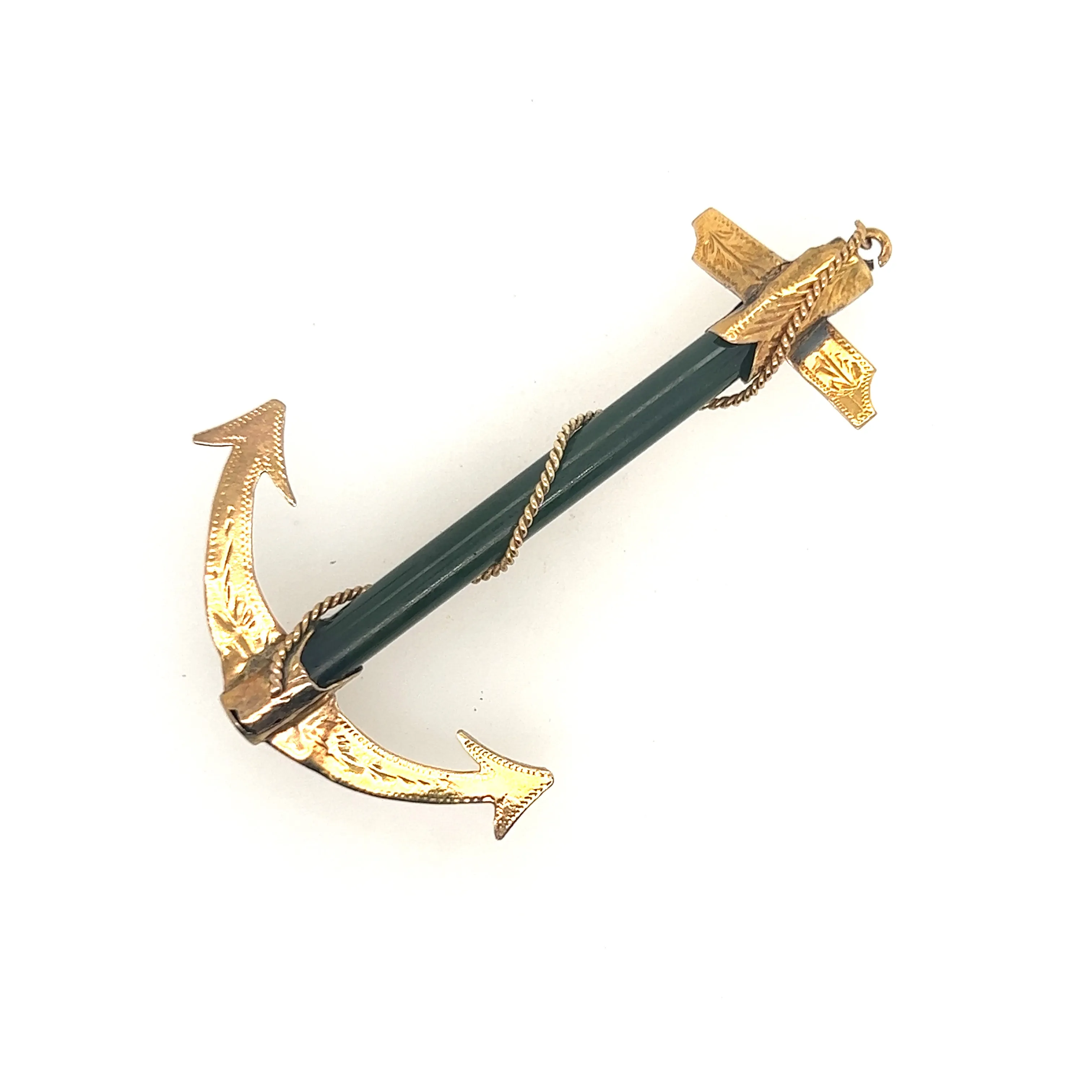 18ct Yellow Gold Jade Engraved Anchor Brooch