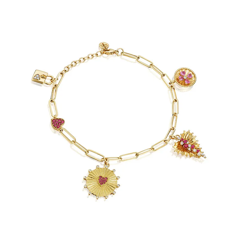 18k Penka Yellow Gold Bracelet/bangle With 0.30 Cts Vs-Gh Diamonds  And Ruby And Sapphire