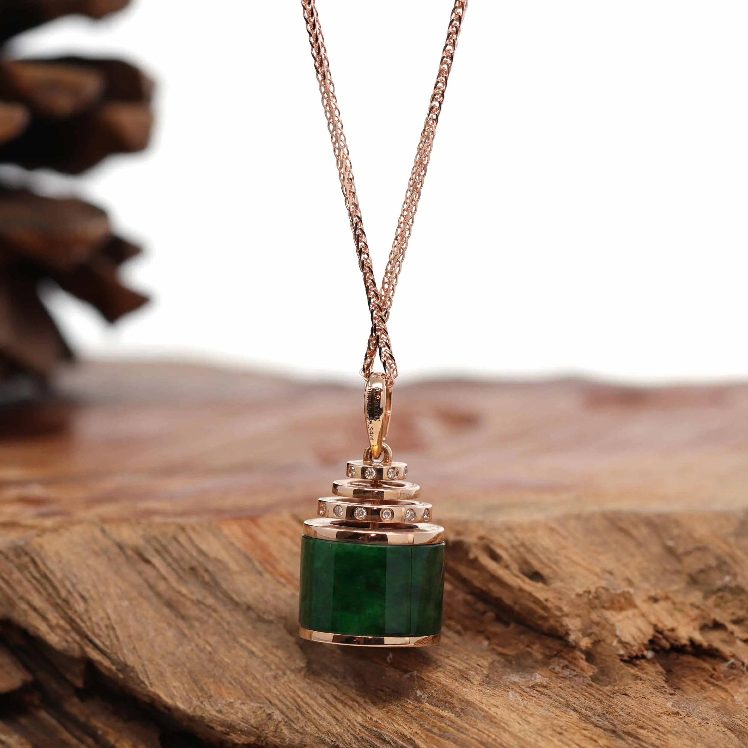 18K Rose Gold Genuine Jadeite Jade Prayer Wheel Flower Pendant with Diamonds