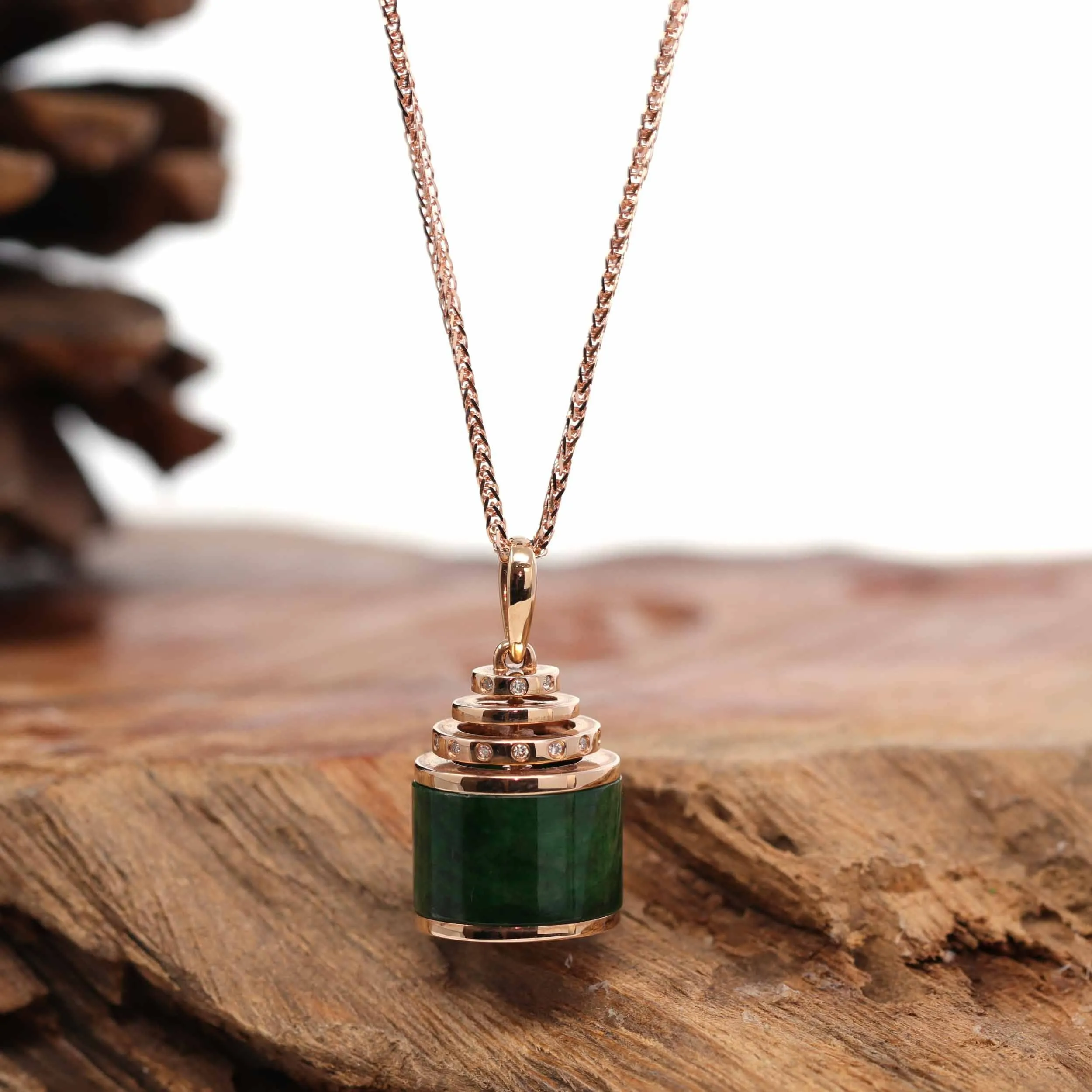 18K Rose Gold Genuine Jadeite Jade Prayer Wheel Flower Pendant with Diamonds