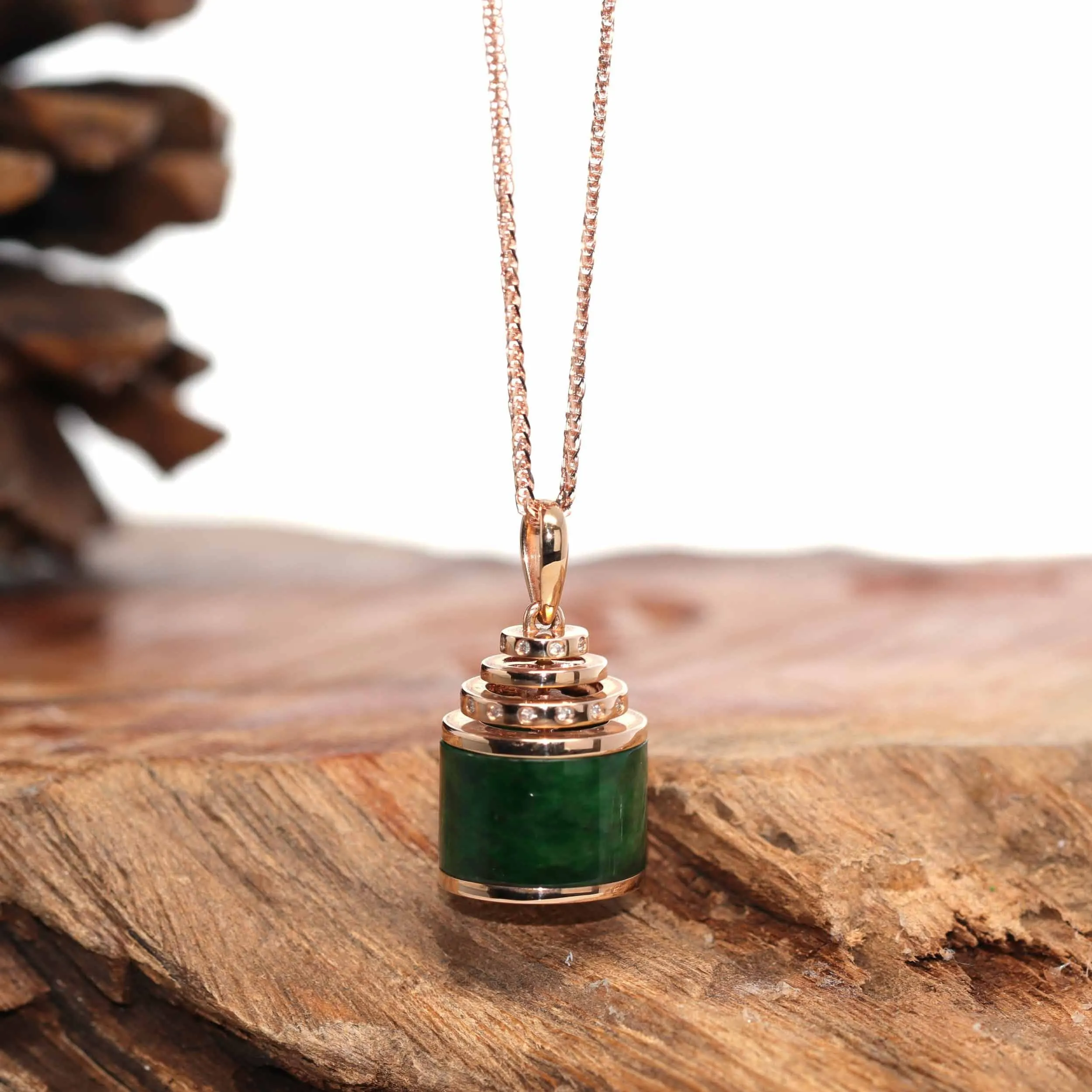 18K Rose Gold Genuine Jadeite Jade Prayer Wheel Flower Pendant with Diamonds