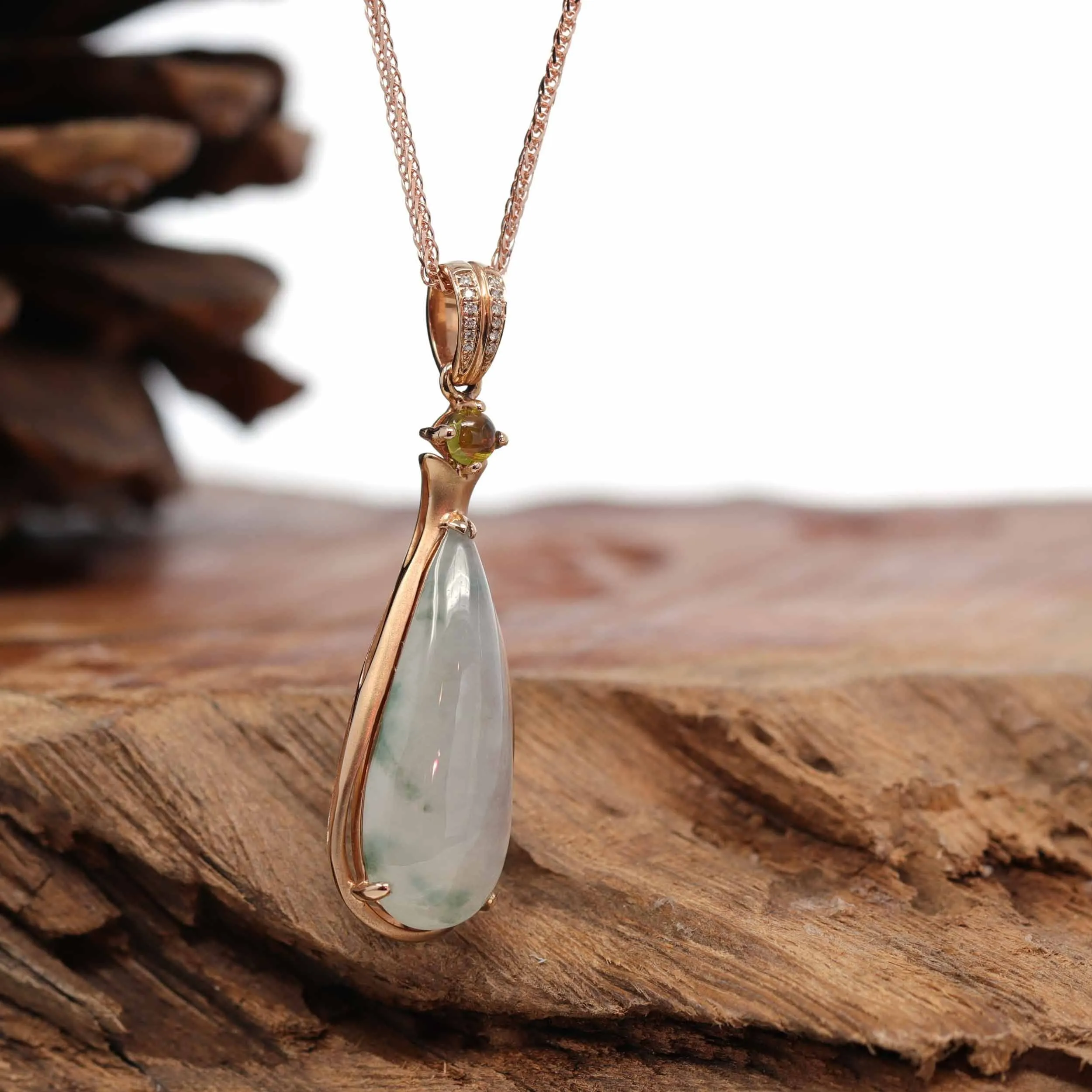 18K Rose Gold "Tear-Drop" Ice Jadeite Jade Cabochon Necklace with Diamonds