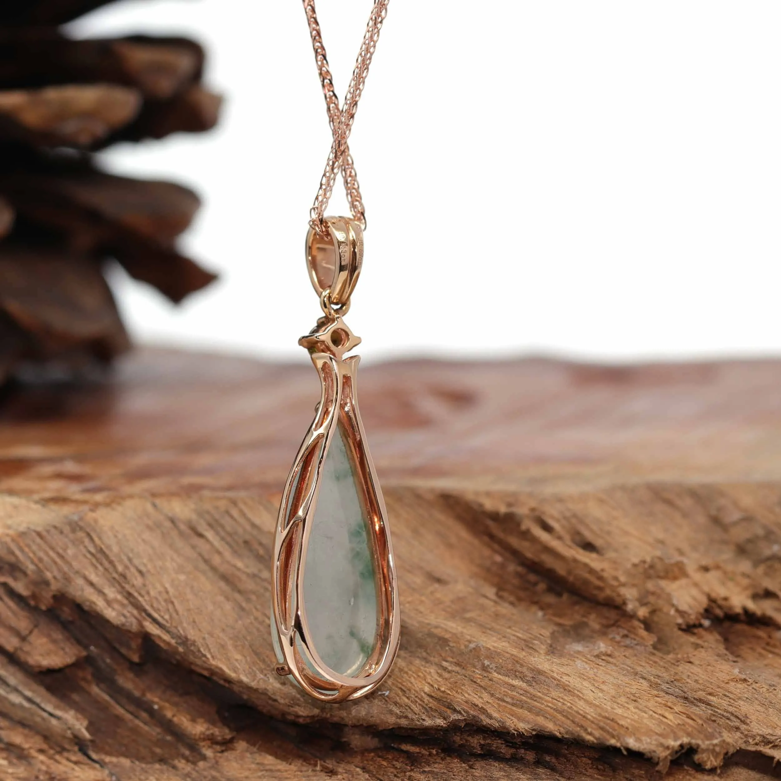 18K Rose Gold "Tear-Drop" Ice Jadeite Jade Cabochon Necklace with Diamonds