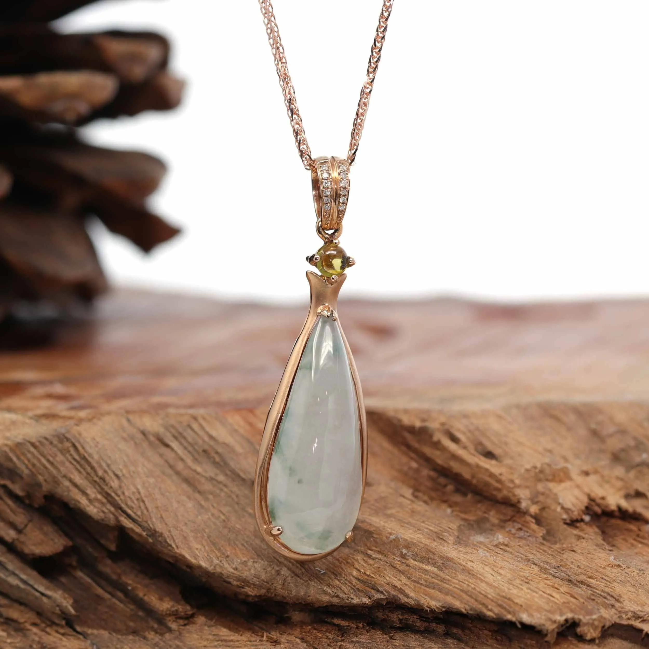 18K Rose Gold "Tear-Drop" Ice Jadeite Jade Cabochon Necklace with Diamonds