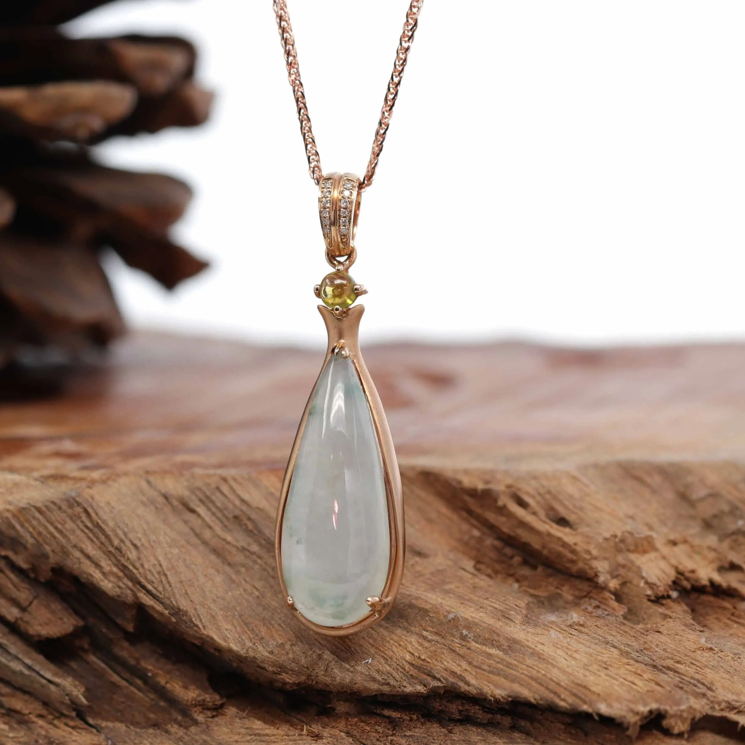 18K Rose Gold "Tear-Drop" Ice Jadeite Jade Cabochon Necklace with Diamonds