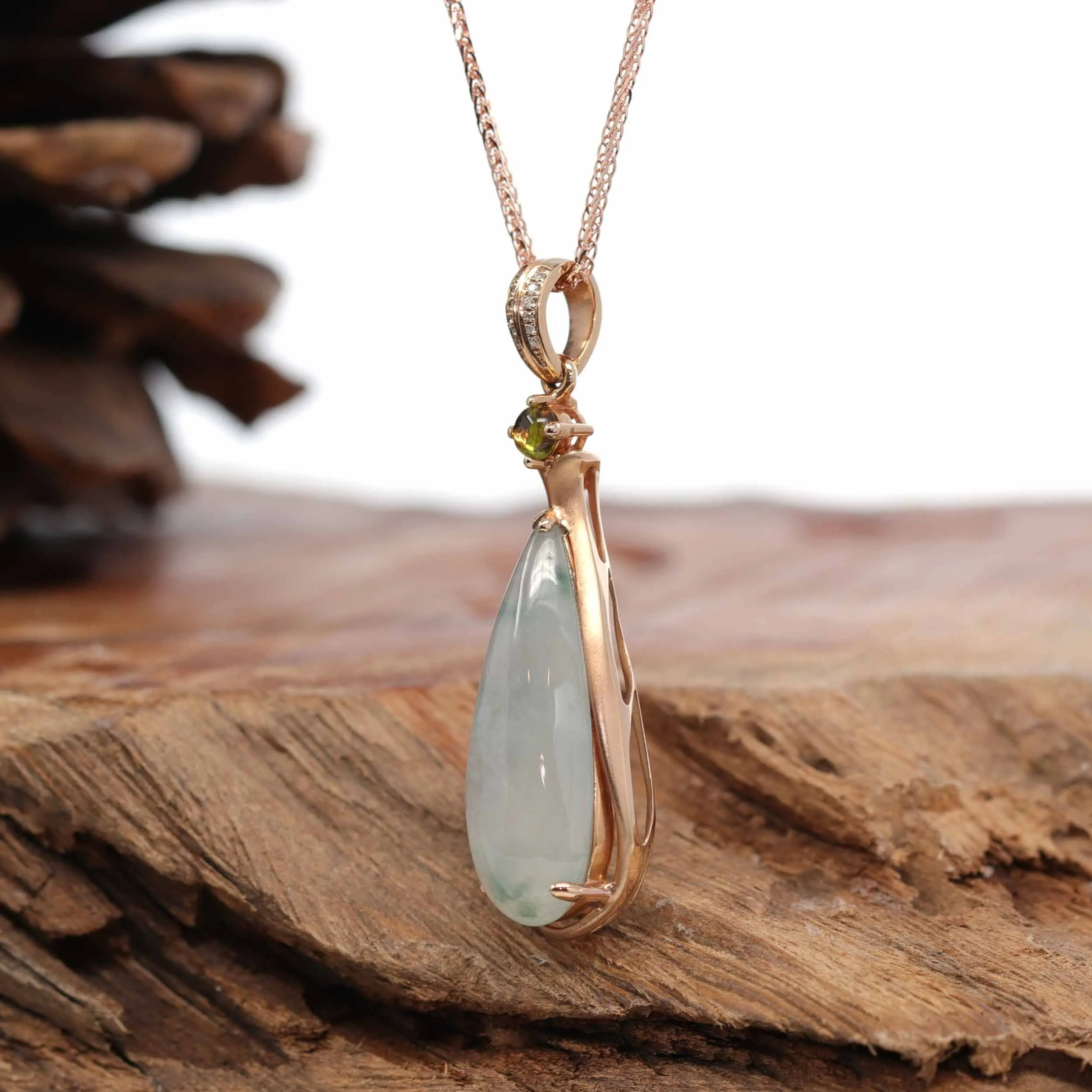 18K Rose Gold "Tear-Drop" Ice Jadeite Jade Cabochon Necklace with Diamonds