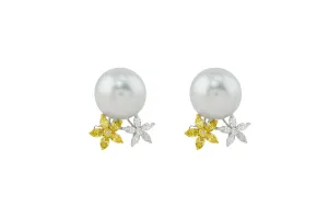 18k White Gold 16.7-17mm South Sea Pearl Yellow Diamond Earrings