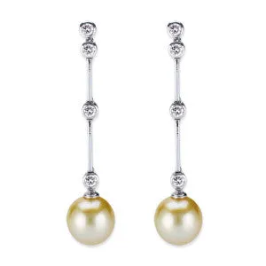 18K White Gold Diamond Dangle Earrings With Yellow Pearl