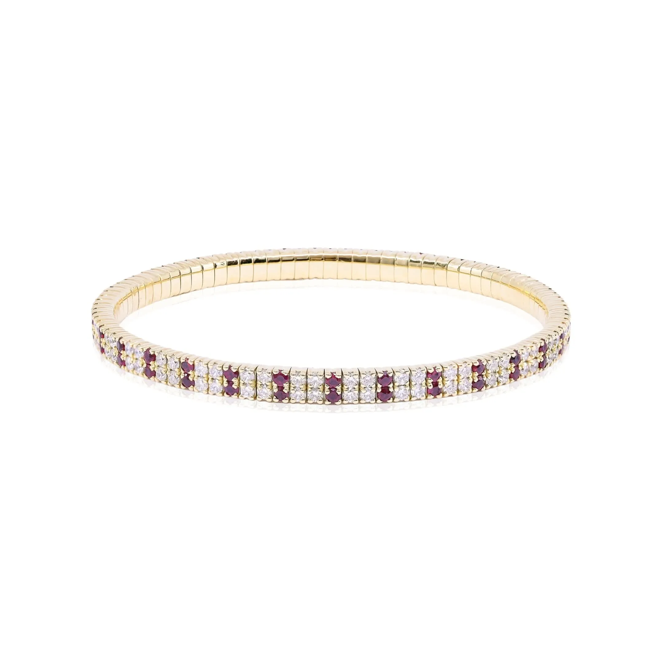 18K YELLOW GOLD DOUBLE ROW DIAMOND AND RUBY STRETCH BRACELET