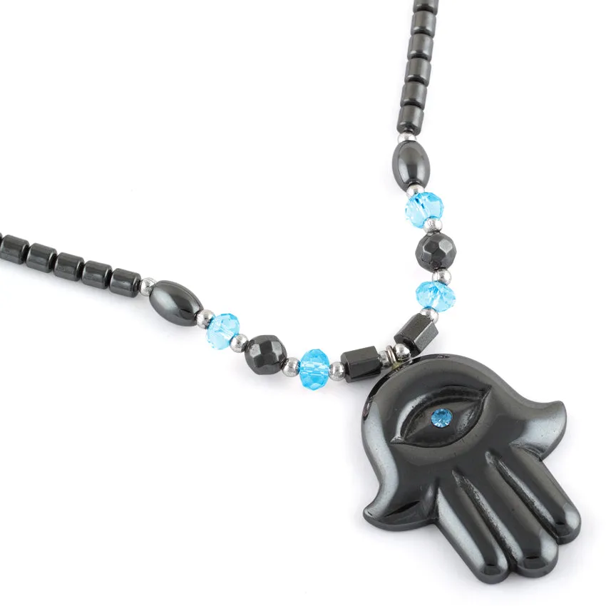 18" Hamsa Blue CZ Hematite Necklace