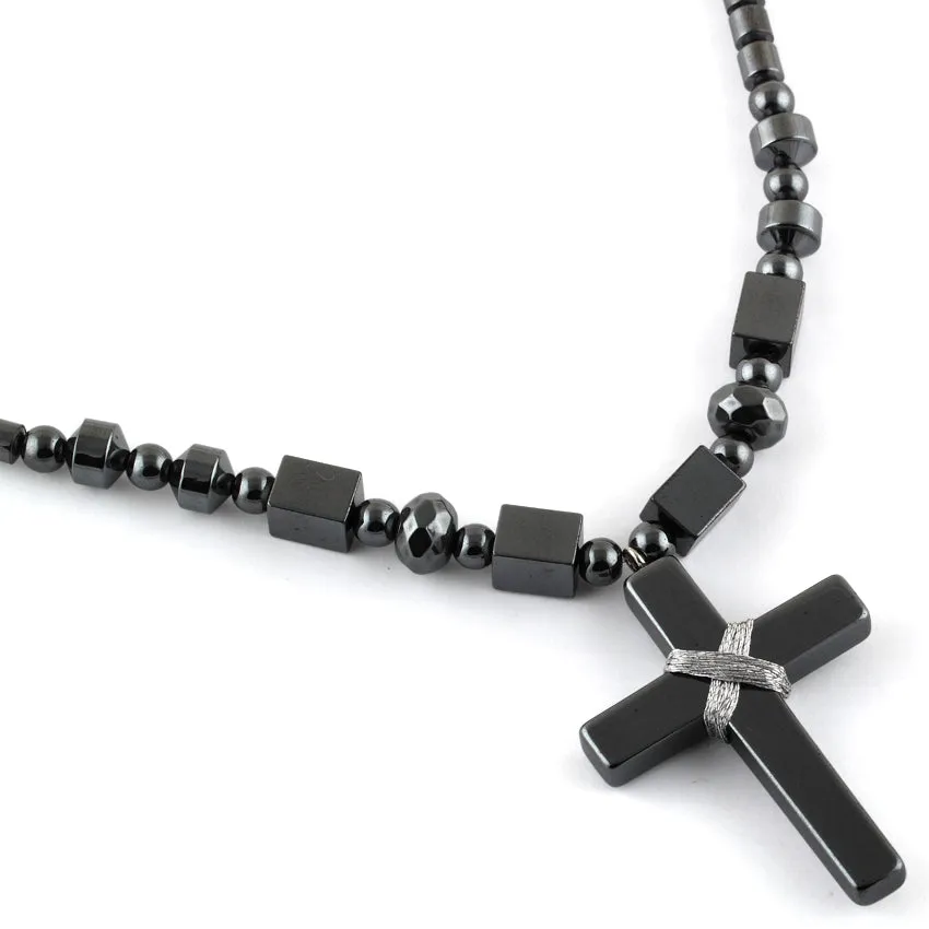 18" Large Black Cross Hematite Necklace