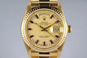 1986 Rolex YG Day Date 18038 Factory Diamond and Ruby String Dial