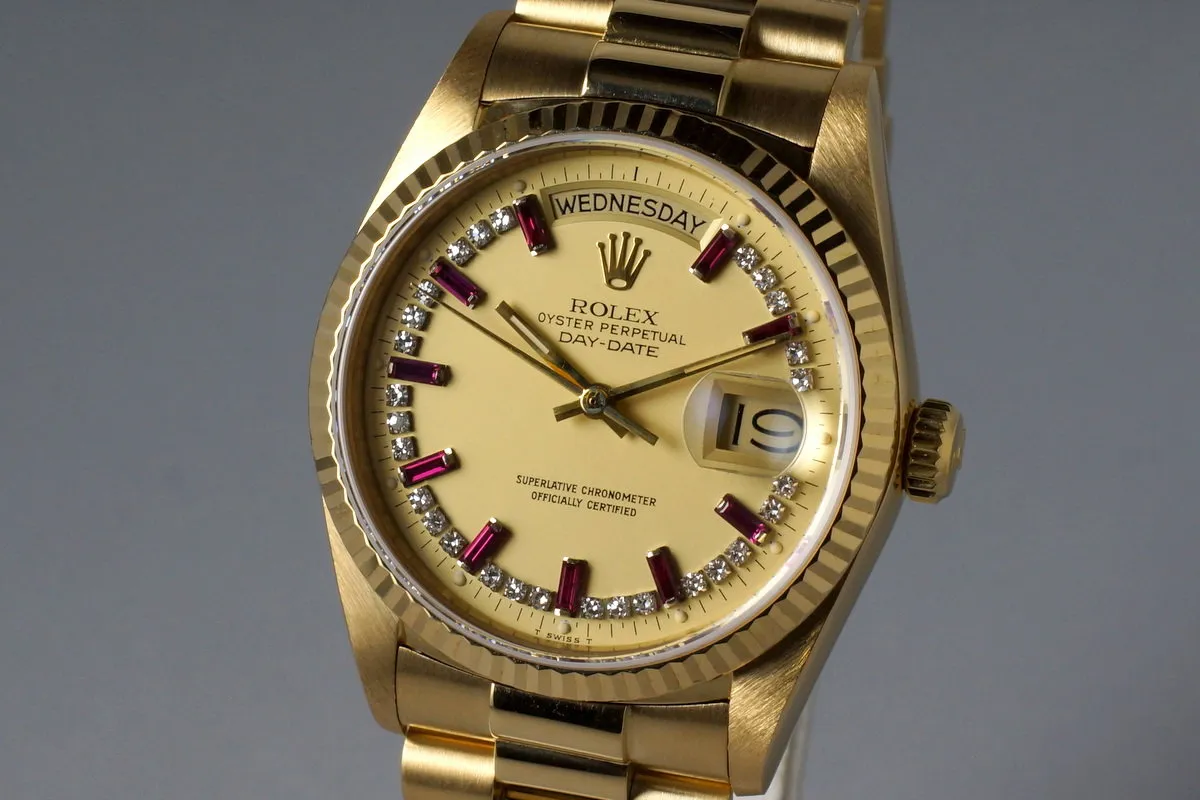 1986 Rolex YG Day Date 18038 Factory Diamond and Ruby String Dial