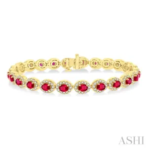 2 1/6 ctw Oval Cut 4X3MM Ruby and Round Cut Diamond Halo Precious Tennis Bracelet in 14K Yellow Gold