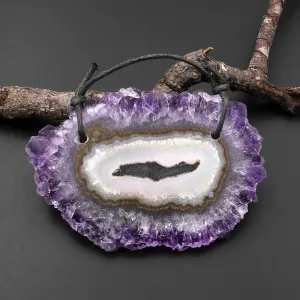 2 Hole Pendant Natural Amethyst Stalactite Flower Pendant Flat Slice Freeform One of a Kind P0103