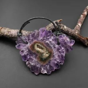 2 Hole Pendant Natural Amethyst Stalactite Flower Pendant Flat Slice Freeform One of a Kind P0118