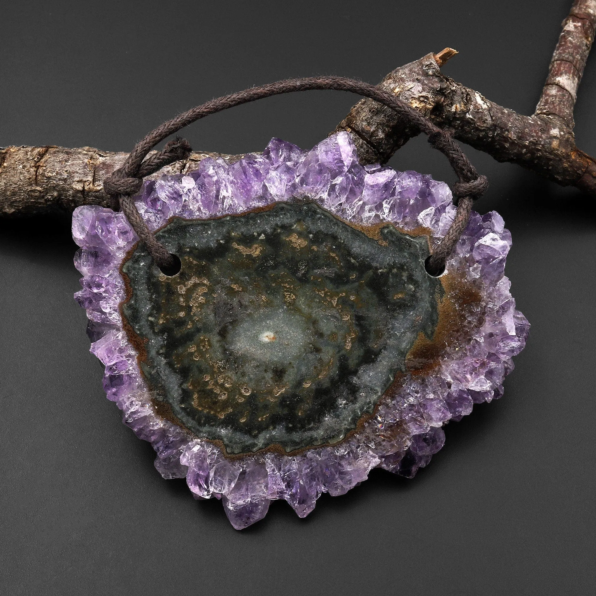 2 Hole Pendant Natural Amethyst Stalactite Flower Pendant Flat Slice Freeform One of a Kind P0131