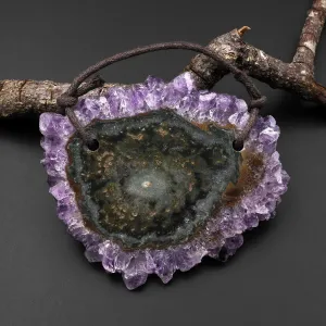 2 Hole Pendant Natural Amethyst Stalactite Flower Pendant Flat Slice Freeform One of a Kind P0131