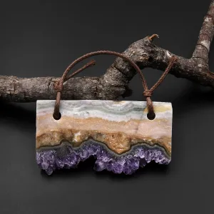 2 Hole Pendant Natural Green Purple Amethyst Stalactite Rectangle Pendant Flat Slice Freeform One of a Kind P0219