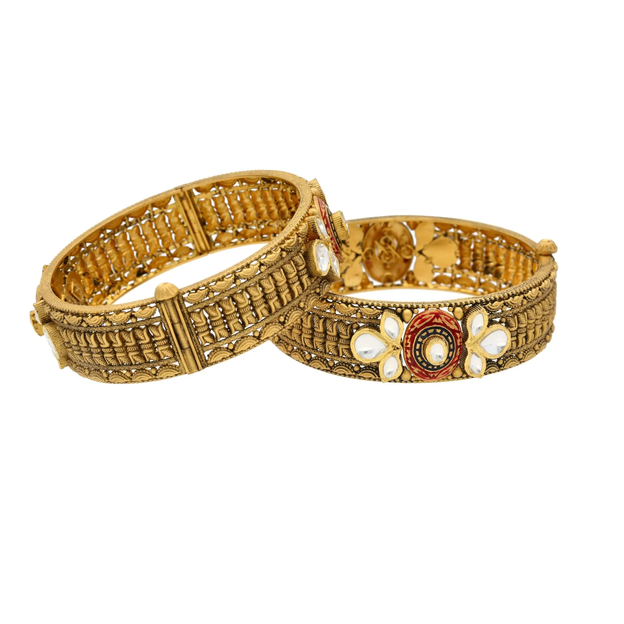 22K Gold Antique Bangles W/ Kundan, 65gm