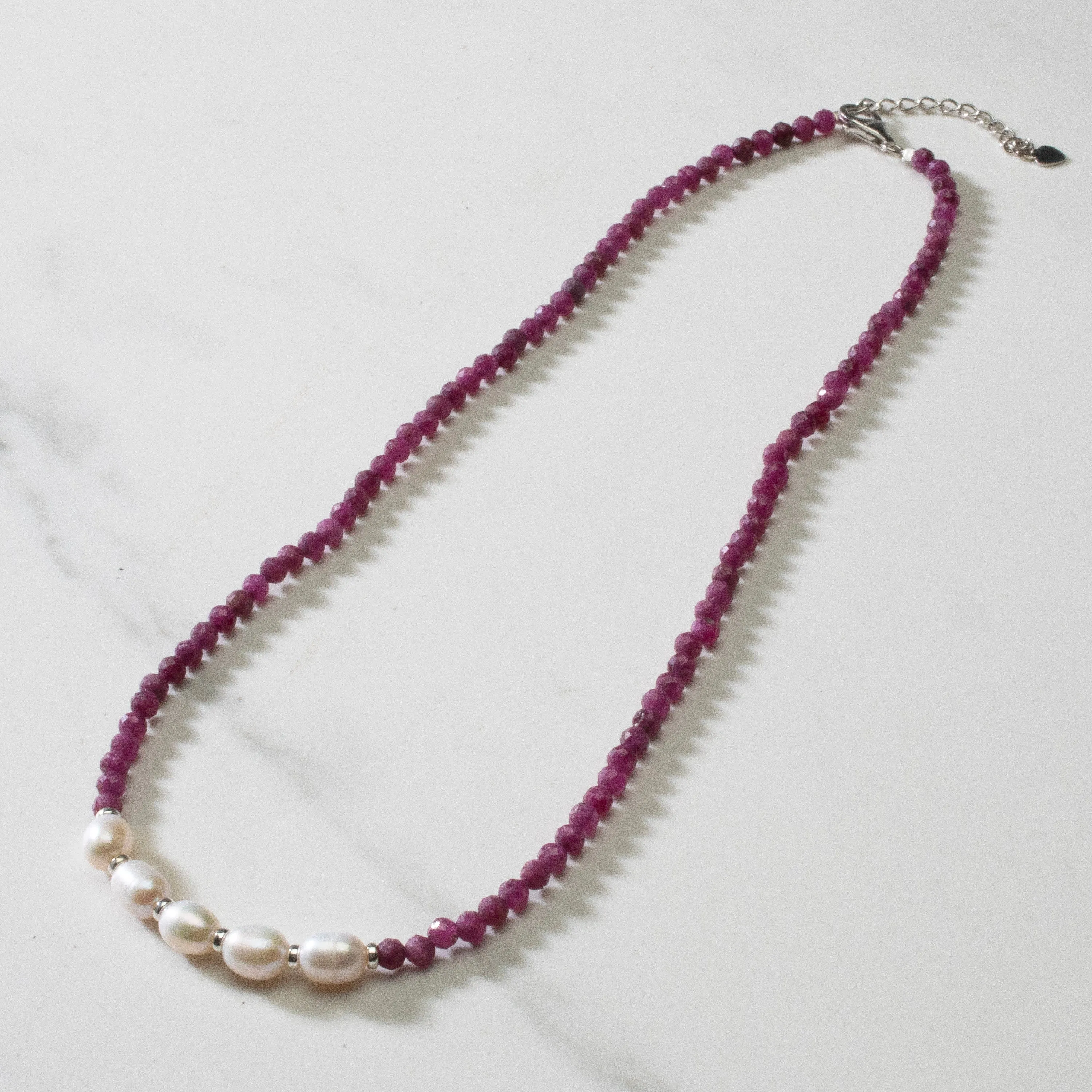 4mm Faceted Ruby Bead Necklace with 5 Pearls with 925 Silver Clasp