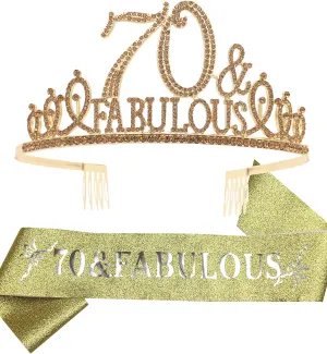 70th Birthday Gifts for Women, 70th Birthday Tiara and Sash Golden, 70th Birthday