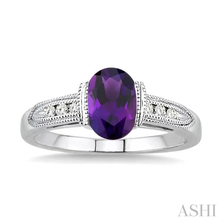 8x6 MM Oval Shape Amethyst and 1/10 Ctw Diamond Ring in 14K White Gold