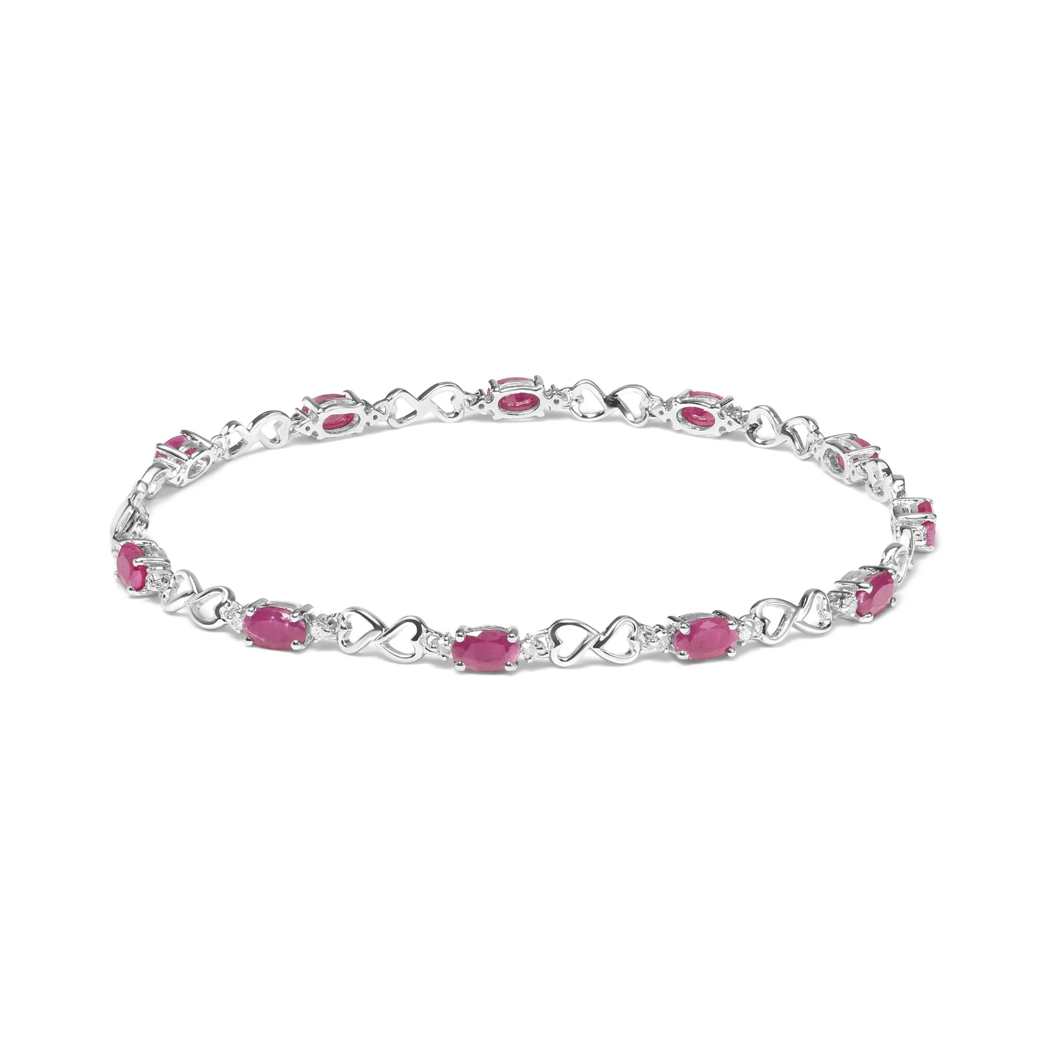 .925 Sterling Silver Pink Oval Shaped Ruby and 1/4 Cttw Diamond 7.25" Link Bracelet (I-J Color, I2-I3 Clarity)