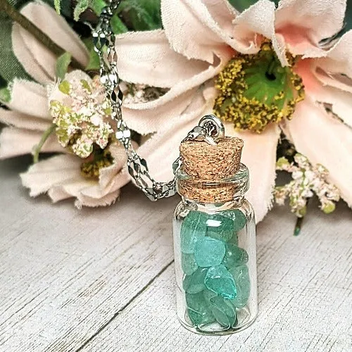 Adventurine Gemstone Bottle Necklace, 20 or 24 inch, Silver/Gold