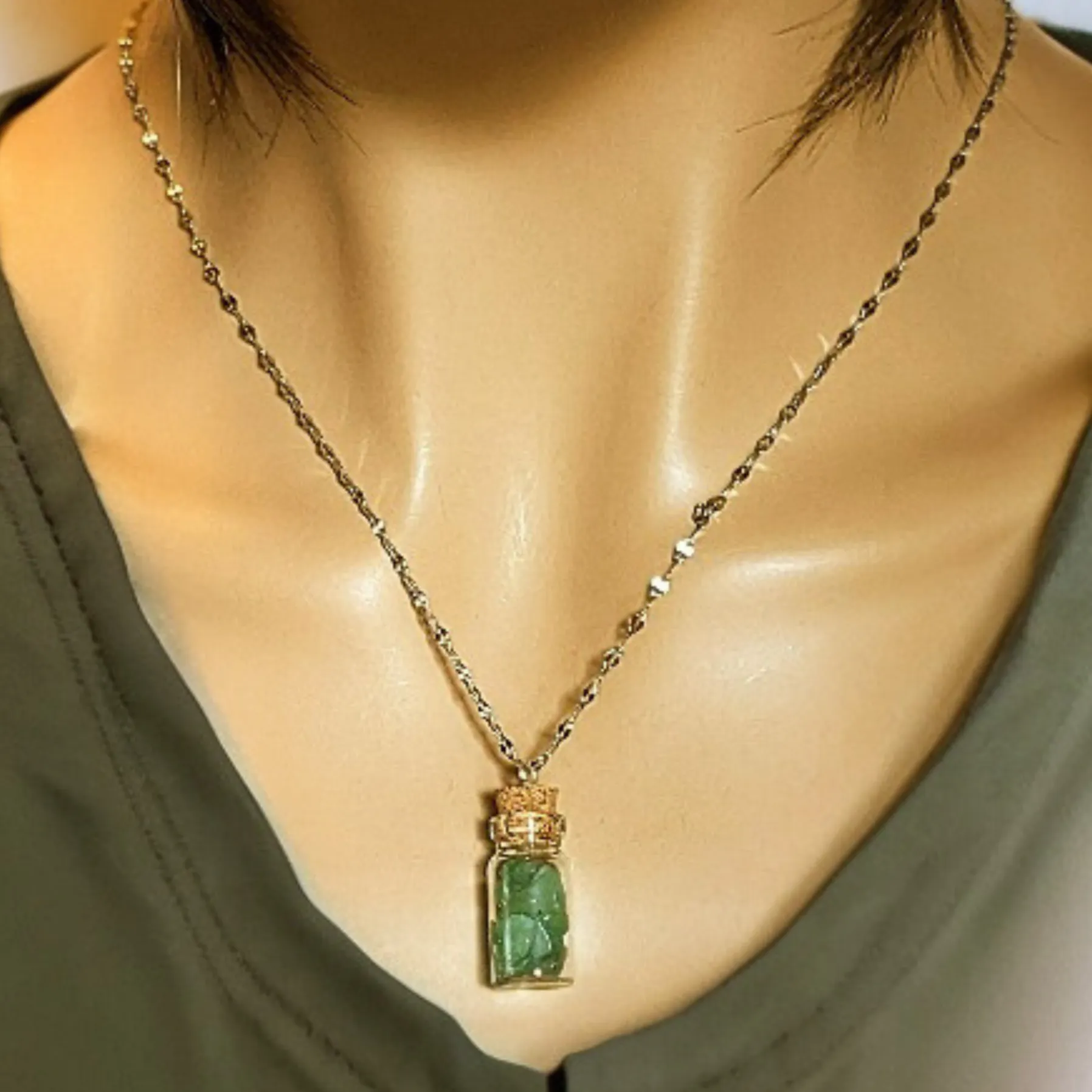 Adventurine Gemstone Bottle Necklace, 20 or 24 inch, Silver/Gold