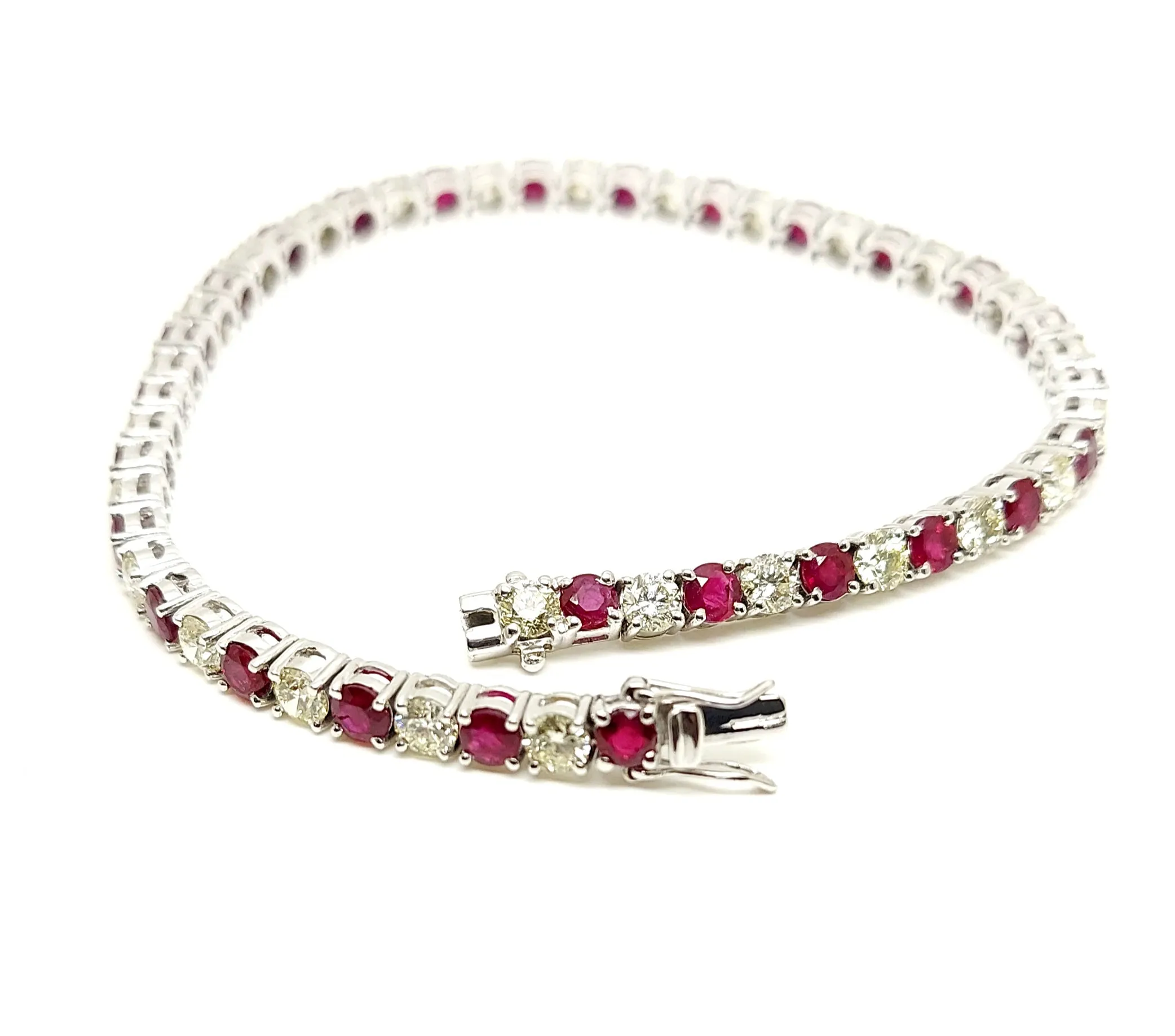 Alternating Size Ruby and Diamond Bracelet in 14k White Gold