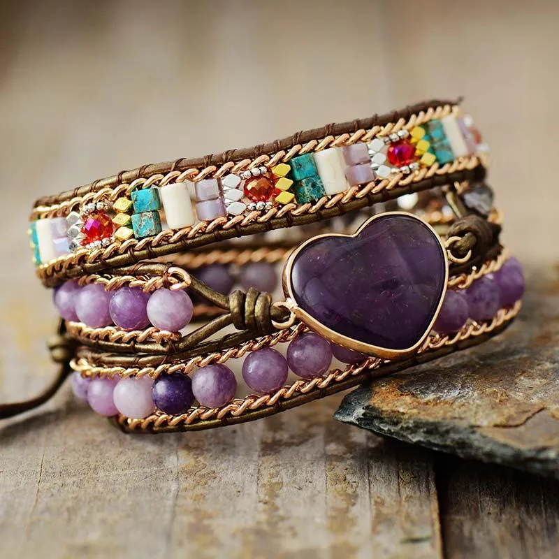 Amethyst Heart Charm & Beads Wrap Bracelet