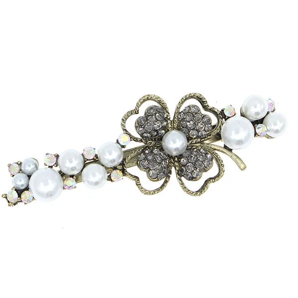 Antique Brass Finish Pearl and Rhinestone Clover Princess Slim Hair Barrette