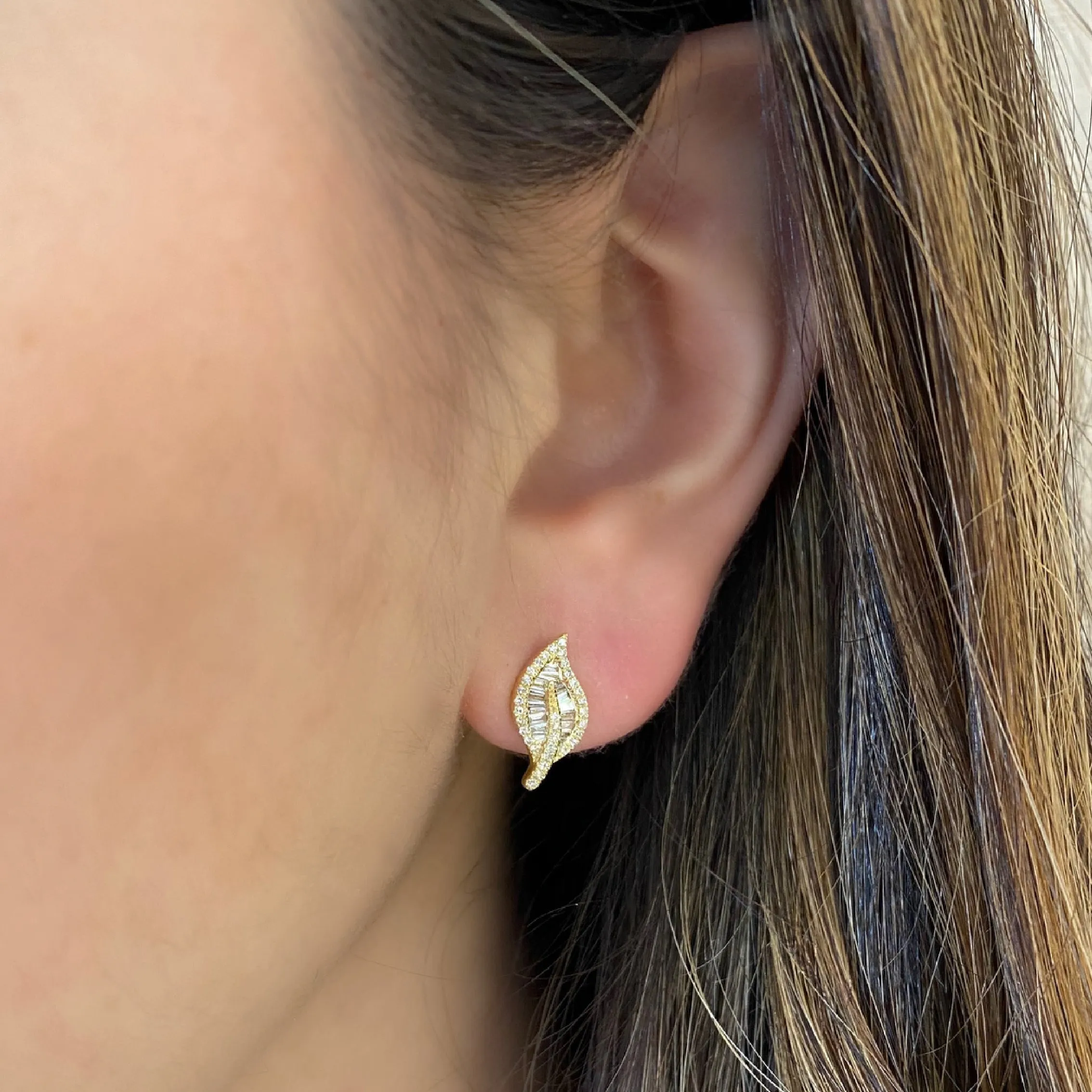 Baguette Diamond Leaf Stud Earrings