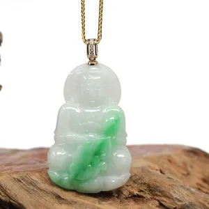 Baikalla 14k "Goddess of Compassion" Genuine Burmese Jadeite Jade Guanyin Necklace With Diamond Bail