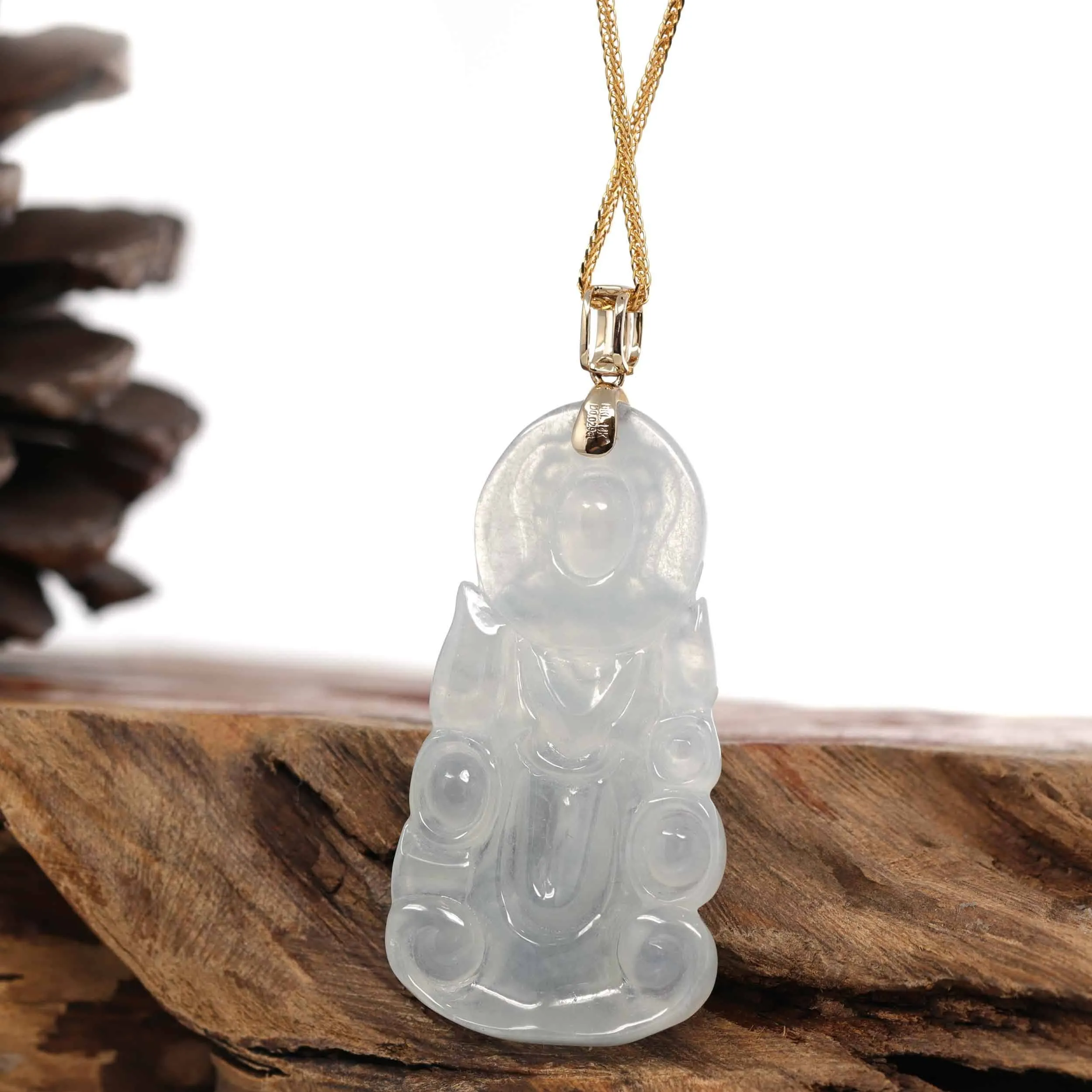 Baikalla 14k White Gold "Goddess of Compassion" Genuine Ice Burmese Jadeite Jade Guanyin Necklace With Gold VS1 Diamond Bail