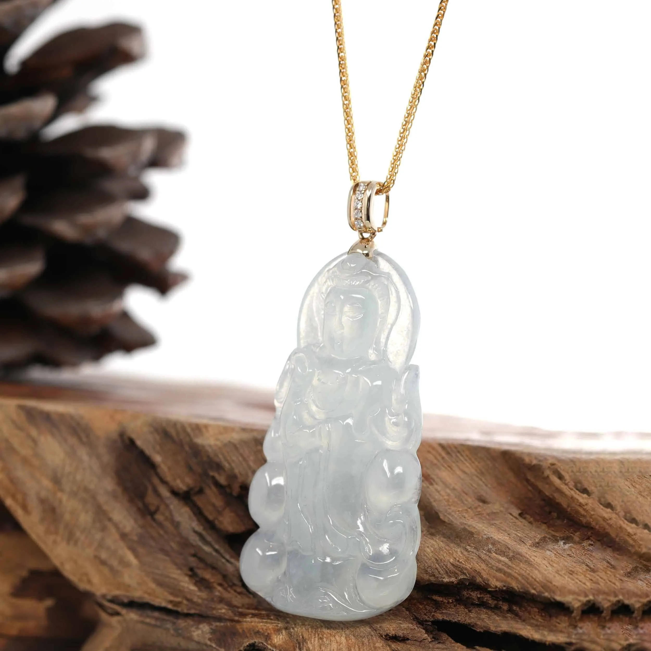 Baikalla 14k White Gold "Goddess of Compassion" Genuine Ice Burmese Jadeite Jade Guanyin Necklace With Gold VS1 Diamond Bail