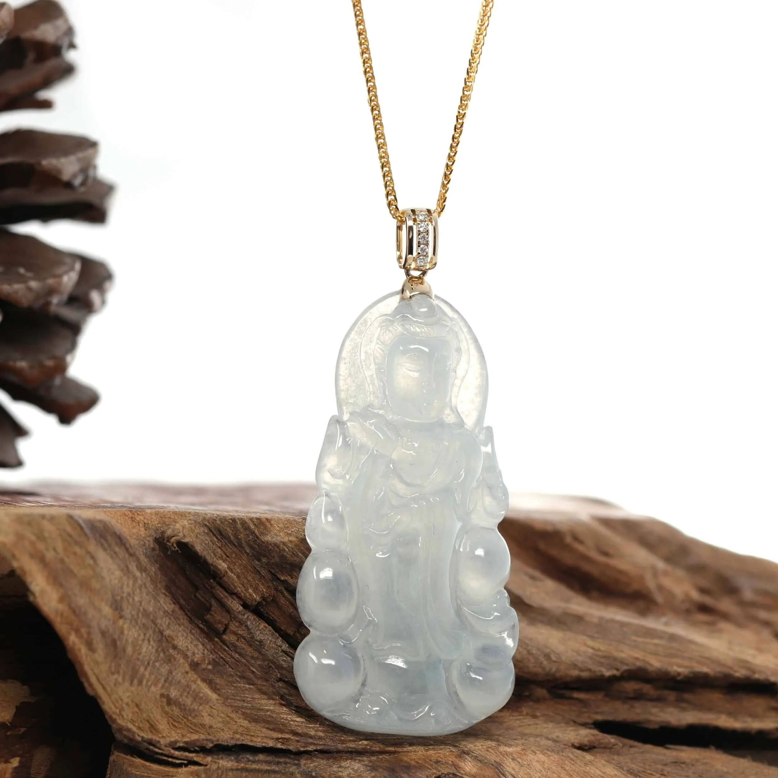 Baikalla 14k White Gold "Goddess of Compassion" Genuine Ice Burmese Jadeite Jade Guanyin Necklace With Gold VS1 Diamond Bail