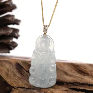 Baikalla 14k White Gold "Goddess of Compassion" Genuine Ice Burmese Jadeite Jade Guanyin Necklace With Gold VS1 Diamond Bail